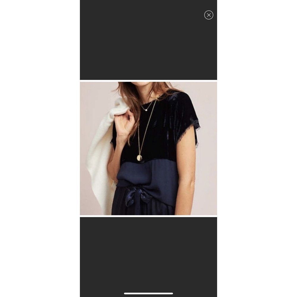 Anthropologie Tina + Jo Womens Blouse Blue Colorblock Crew Neck Fringe XS New